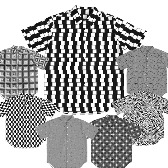 Black White Optical Illusion Psychedelic Hypnosis Checker Box Check Spiral Star Pattern Short Sleeve Button Shirt