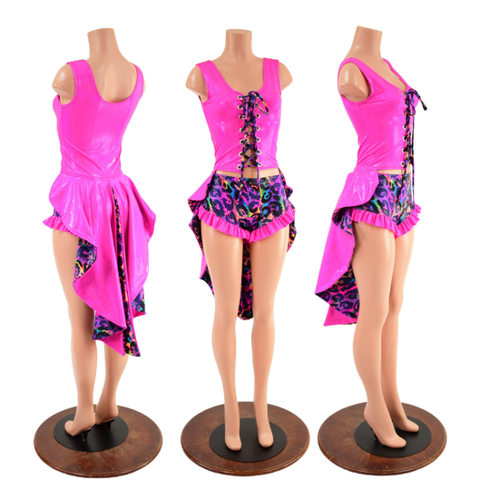 Neon Pink 11" Laceup Tux Back Tank With Midrise Ruffle Leg Siren Shorts Created in Sparkly Jewel & Rainbow Leopard Emk157632