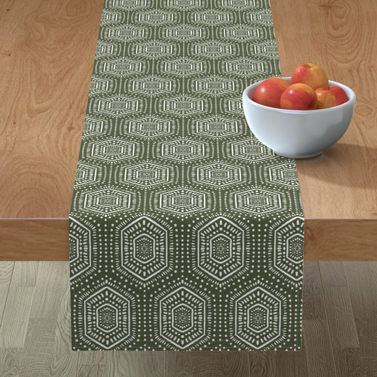 Bohemian Table Runner - Boho Painted Olive By Designdn Mudcloth Hexagon Geometric Pastel Cotton Sateen Spoonflower