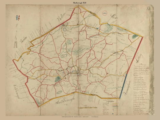 Marlborough 1830 Town Plan - Old Roads Map Reprint Restored Massachusetts Archives Ma
