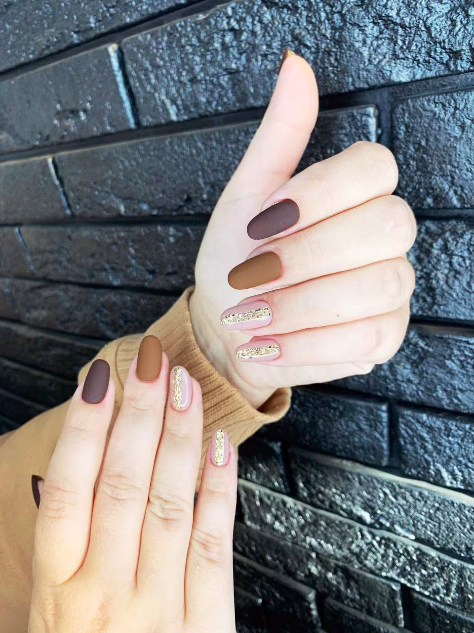 Set Of 20 Chocolate Nails Press On Brown With Design False Almond Warm Color Palette Glue Fake Christmas