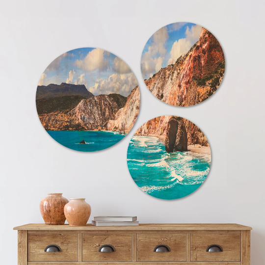 Designart 'Greek Islands Scenic Beaches' Landscape Wood Wall Art Set of 3 Circles - Multi-Color