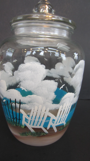 Cookie Jar Beach Chairs With A Scene Large Round Jar, Storage Glass Tight Lid Hand Painted All The Way Around