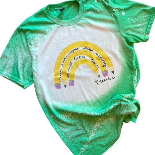 Teacher Pencil Rainbow Love Inspire Bleached Sublimated T-Shirt Boho