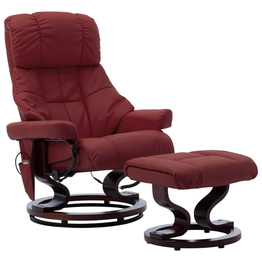 Massage Reclining Chair Wine Red Faux Leather and Bentwood