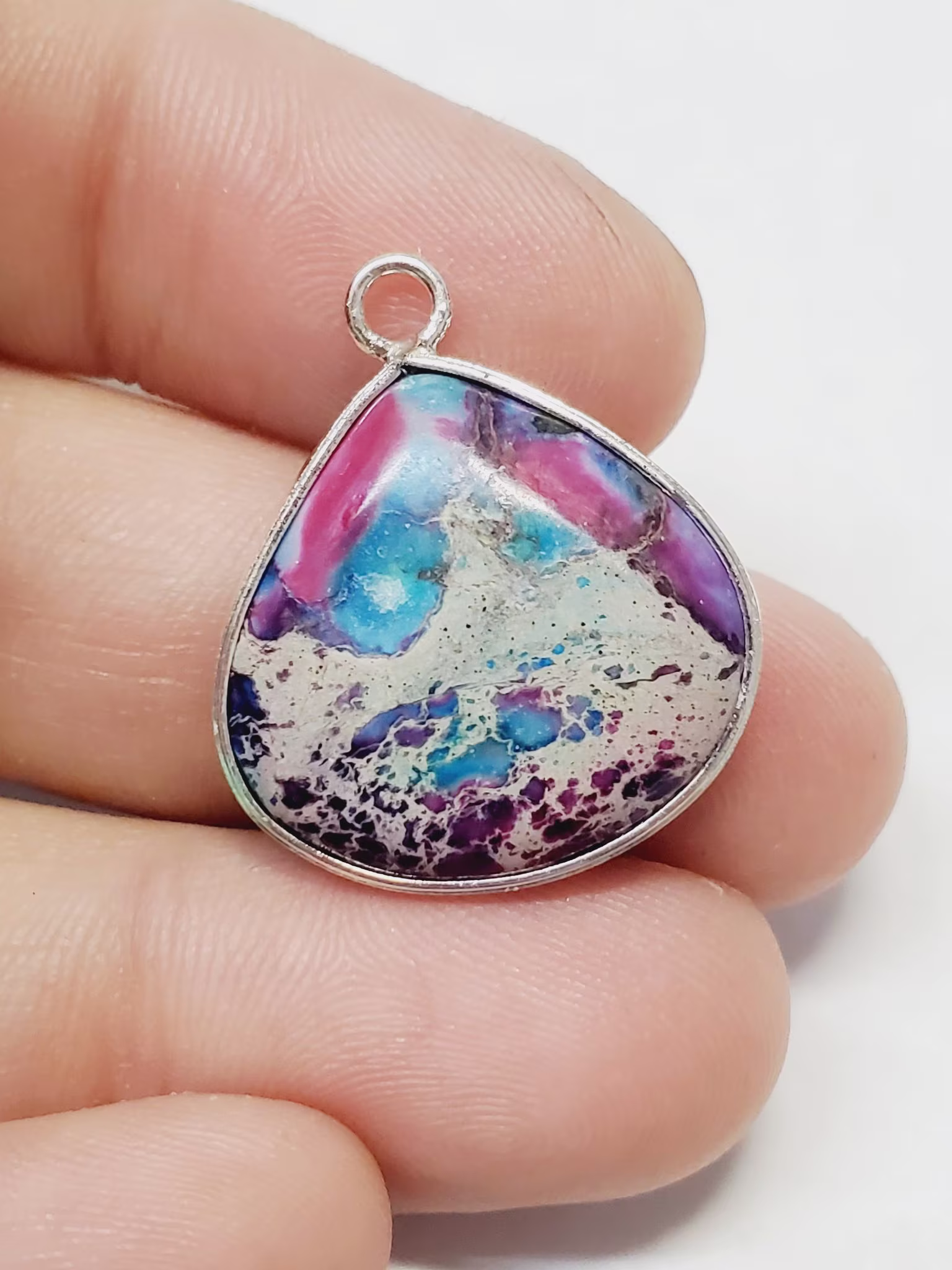 Color Splash Sea Sediment Jasper Tear Drop Silver Plated Pendant, Vibrant Colors, Bright, Stone, Teardrop