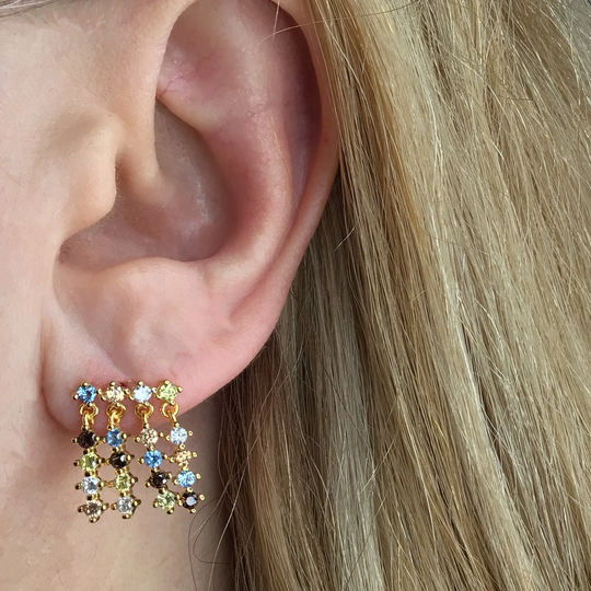 Multi Color Dangle Stud Earrings Sterling Silver Colorful Gemstones Curtain Rainbow Stones Earring