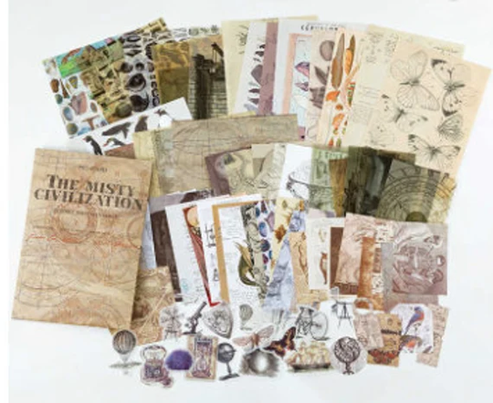 100 Pcs Vintage Style Junk Journal Ephemera, Mixed Paper Set, Supplies, Scrapbook Stationery | Qlt-592-Misty-075