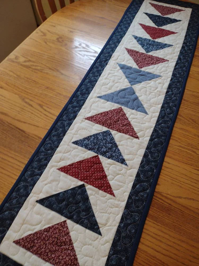 Quilted Table Runner, Long Blue & Red Flying Geese 15 X 55 1/2 Inches