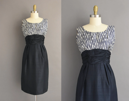 1950S Vintage Dress | Navy Blue Silk Cocktail Party Pencil Skirt Dress Small 50S