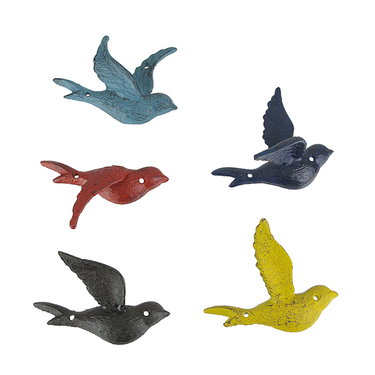 Set Of 5 Colorful Cast Iron Distressed Finish Flying Bird Decorative