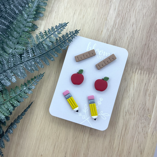 Apple, Ruler, Pencil Stud Pack | Back To School Polymer Clay Earrings Studs, Dangles Notebook Paper A+ Teacher Gifts