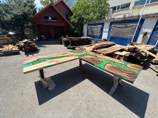 River L Shape Table, Custom 96" X 30" Walnut Wood Mostly Green With Gold Or Yellow Mixed Epoxy Office Desk Order For Aaron