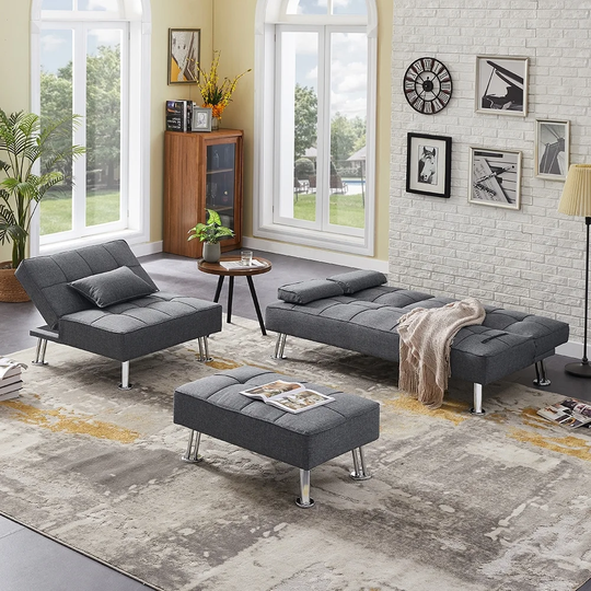 3 pcs Fabric Folding Sofa Set with Loveseat with 2 cup holder,Single Sofa Bed and Ottoman