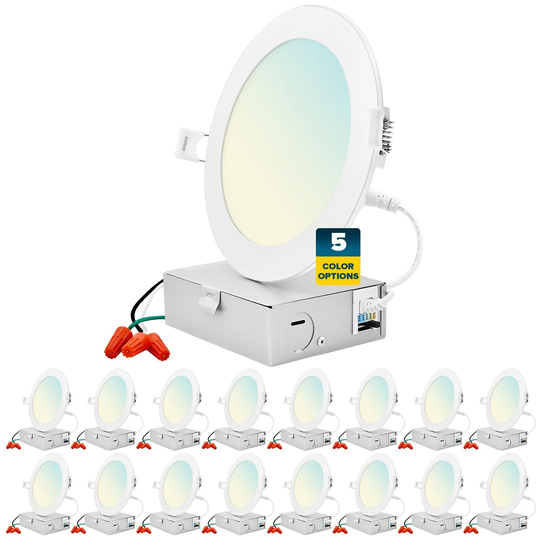 Sunperian 16-Pack 6 inch Ultra-Thin LED Recessed Light J-Box 5 Color Options 12W 1000 Lumens Dimmable Wet Rated ETL