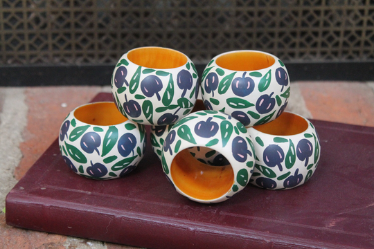 Six 6 Blue & Green Napkin Rings Fruit Décor Organic Boho Cheerful Scandinavian Tablescape Setting Serviette Rings