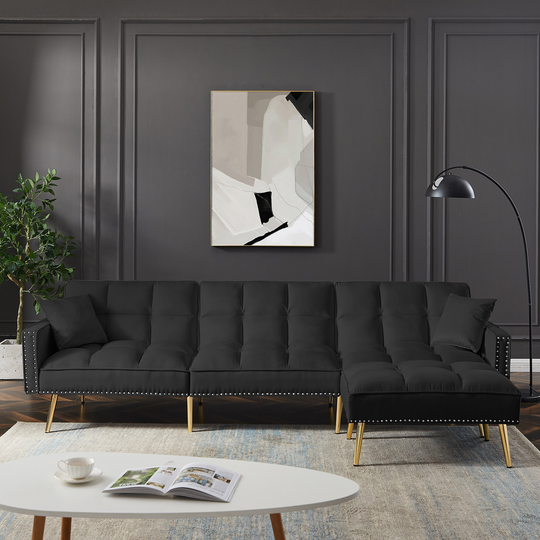 Modern Velvet Upholstered Reversible Sectional L-Shaped Sofa Bed