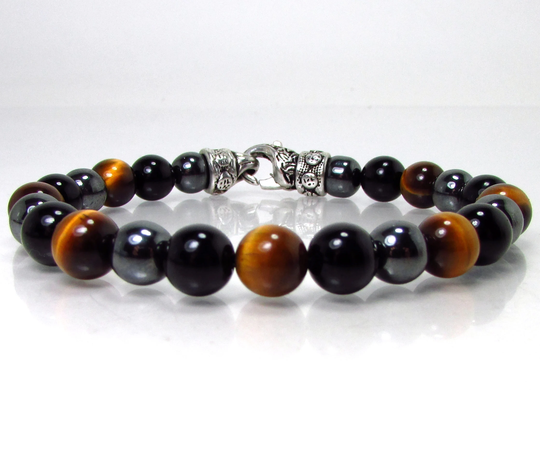 Triple Protection Bracelet With Clasp, Natural Tigers Eye Black Obsidian & Hematite Gemstones 8mm Beaded For Men Women Gift