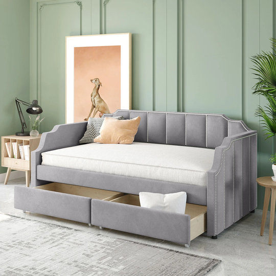 Twin Size Velvet Daybed Fabric Sofas & Couches with 2 Drawers & Nail Head