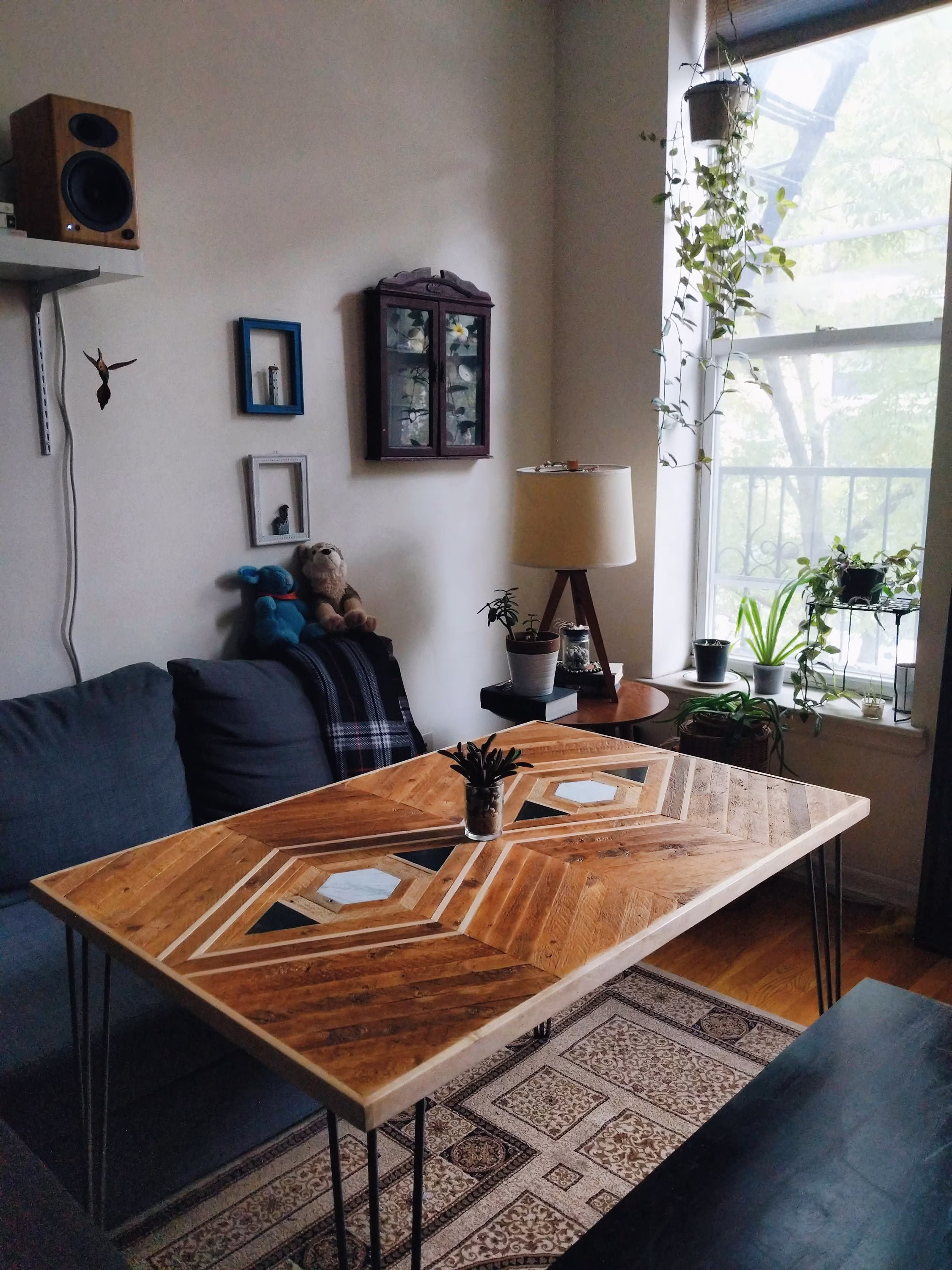 Custom Reclaimed Lath Dining Table With Marble + Granite Inlay