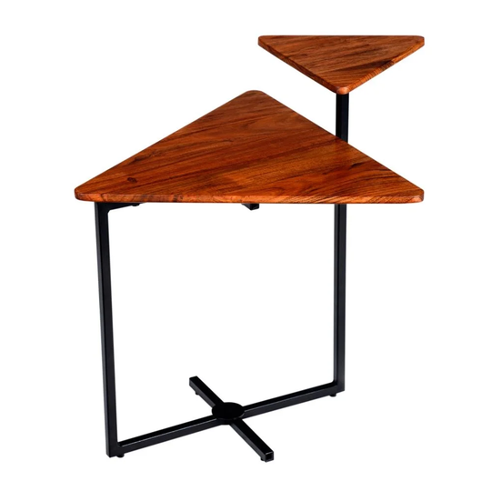 21 Inch Triangular Acacia Wood Accent End Table with 2 Tier Tabletops, Brown, Black - 18" L x 16" W x 21" H