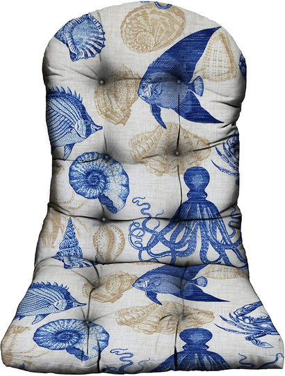 Rsh Decor Tufted Adirondack Chair Cushion Outdoor, Blue Tan Fish & Crab Coastal Print