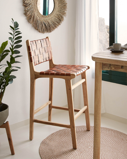 Bar Chair in Wood & Genuine Leather Woven From Morocco - Armchair & Braided Make To Order