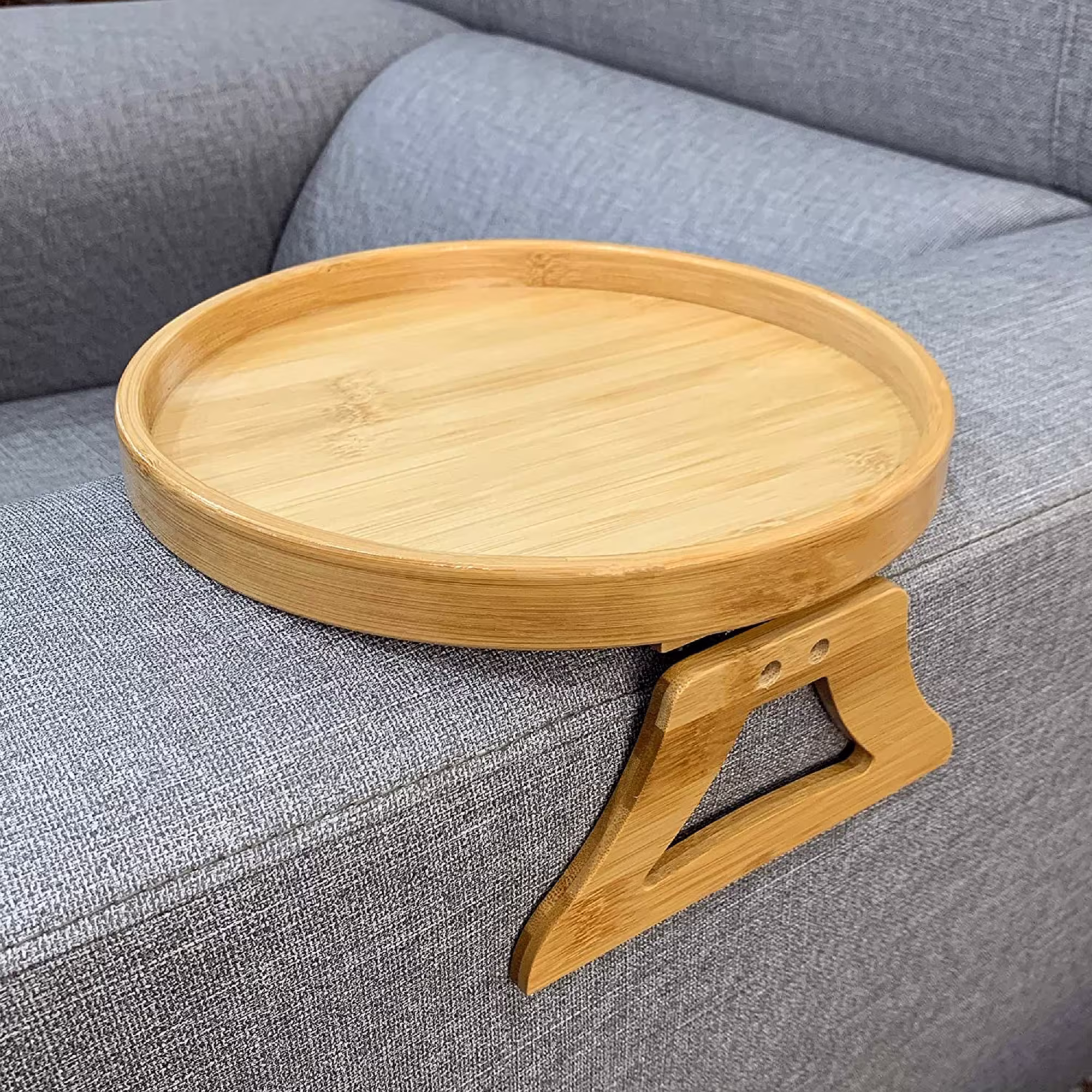 Bamboo Sofa Armrest Clip-On Tray Ideal For Remote Drinks Phone Round Natural