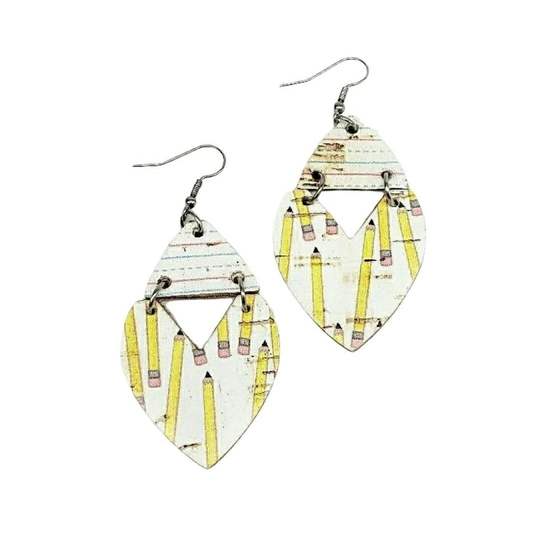 Cork On Leather Teacher Geometric Earrings, Pencil Notebook Paper Dangles, Handmade Back To School Appreciation Gift, Classroom Jewelry