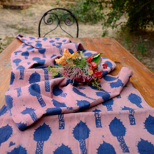 Block Print Floral Table Runner Pink Blue/Garden Organic Cotton Wedding Table Decor - Pink Rani