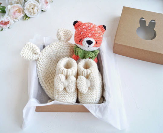 Fox Baby Girl Gift Set, Personalized Rattle, Hand Knitted Bonnet & Booties, Woodland Shower