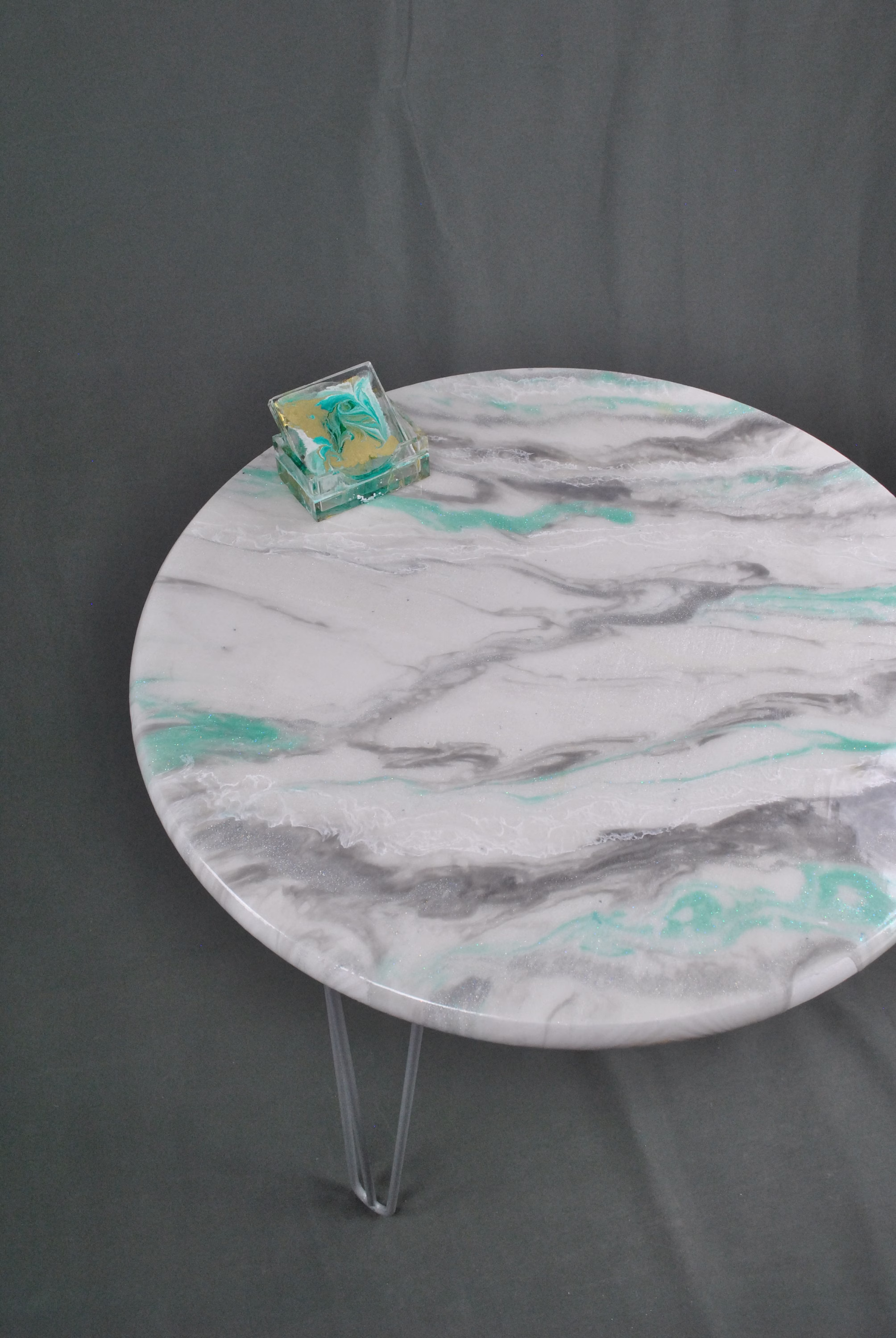 Minty Marble, Epoxy Resin Side Table, Bedside Nightstand, End Round Accent Table, Coffee Table
