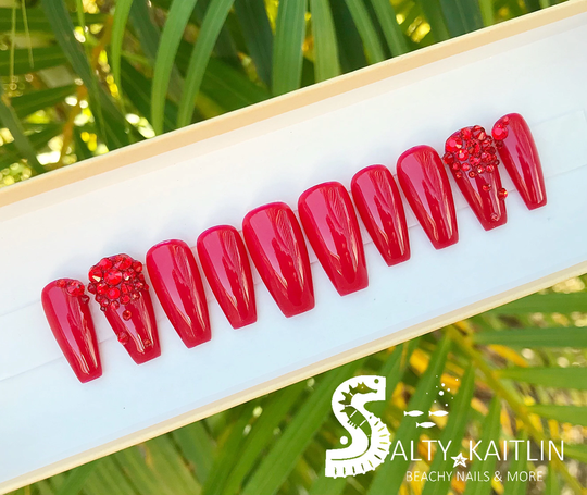 Ombré Red Rhinestone Gel Press On Nails Available in Any Color