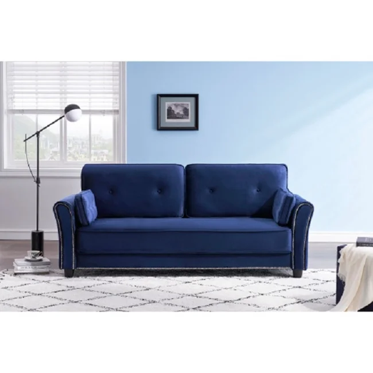 Sofa Armrest with Nail Head Trim Backrest with Buttons Includes Two Pillows 79" Blue Velvet Living Room Apartment Sofa