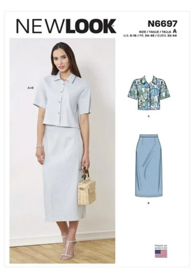 Sewing Pattern For Womens Skirt & Top in Misses Sizes, Pencil with Button Front Top, New Look N6697