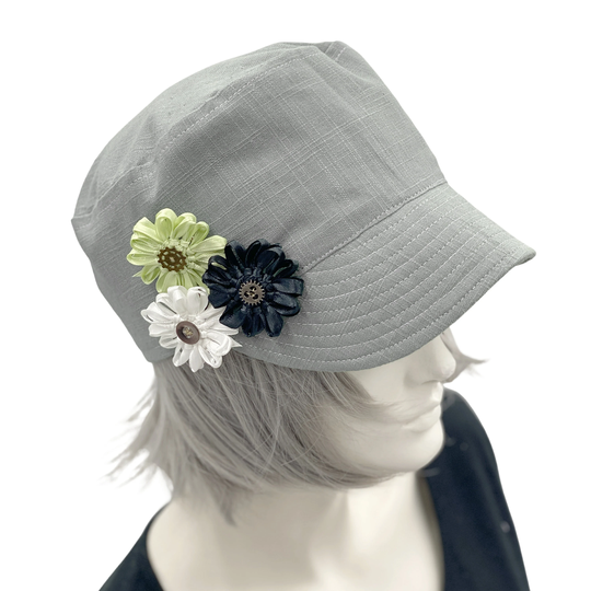 Cadet Cap, Casual Army Style Hat, With Three Ribbon Flowers, Newsboy Hat Women, Best Friend Gifts, Made in Usa