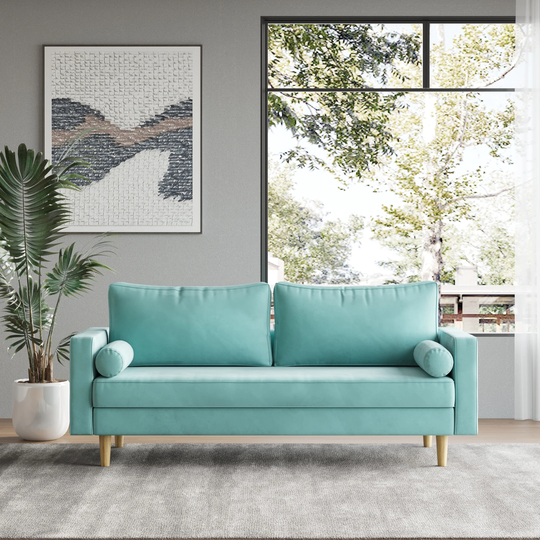 Velvet Sofa Couch, Mid Century Modern Craftsmanship 73 inch sofa with Comfy Tufted Back Cushions and 2 Bolster Pillows