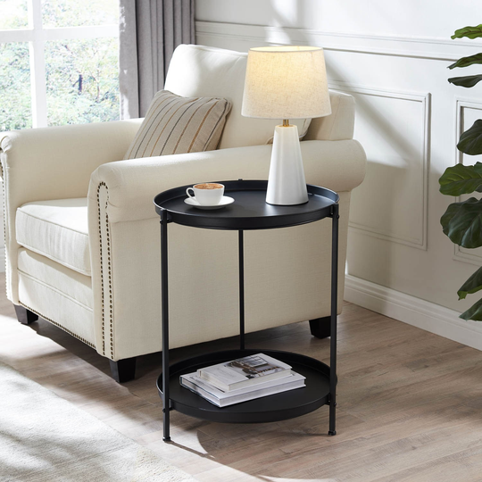 Double Decker 20" Round Black Metal 2 Tier Accent Table