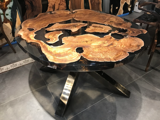 Custom To Order | Wood Epoxy Table Top Transparent Black Natural Elm Oval Shape Kitchen Dining Handmade