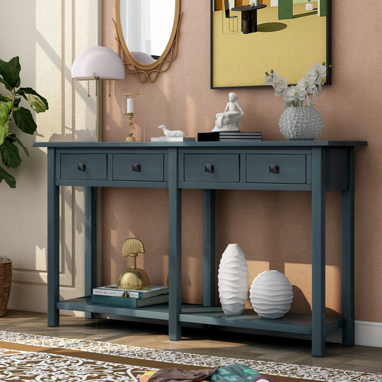 CTEX Rustic Brushed Texture Console Table with 4 Storage Drawers with Rustic Modern Knobs and 1 Bottom Shelf