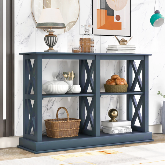 Console Table Sofa Entry Table with 3-Tier Storage Spaces and X Legs