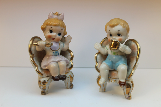 Vintage Child in Chair Figurine Rare Boy in Chair Girl Japan Ceramic