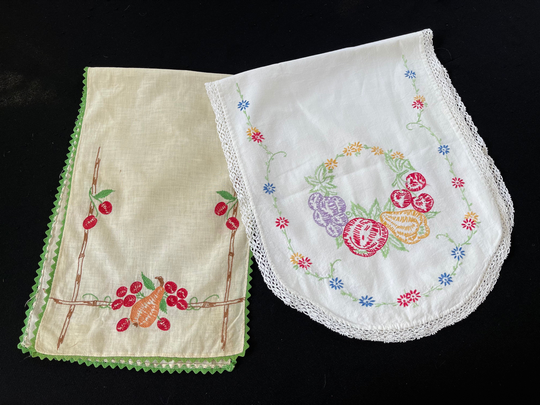 Pair Of Vintage Off White Table Runners With Hand Embroidery Fruit Crochet Trim & Rick Rack