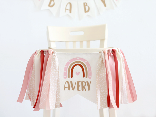Boho Rainbow High Chair Banner, Girl 1st Birthday Decor, Garland, Blush Party, Personalized Custom Baby Bunting