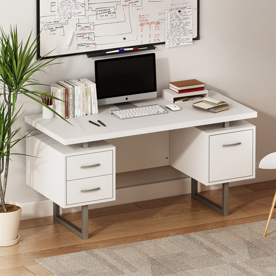 60" White Study Writing Home Office Desk Ample Drawer Storage Space