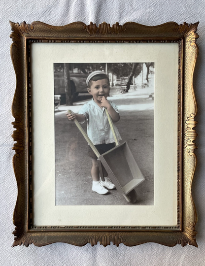 Adorable Vintage Framed Colorized Photo/Boy With Wheelbarrow Wall Decor Picture Interior Display Italian Antique