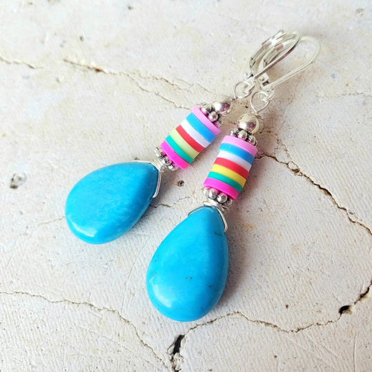 Turquoise & Multi Color Earrings. Blue Howlite Dangle Colorful Vinyl Earrings Jewelry