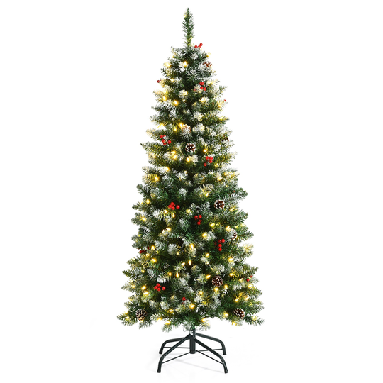 5ft Pre-lit Artificial Hinged Pencil Christmas Tree Decorated Snow