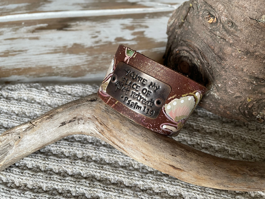 Leather Word Cuff-You're My Place Of Quiet Retreat-Psalm 119-Art CollectionWeathered Leather - -7 Inch Wrist