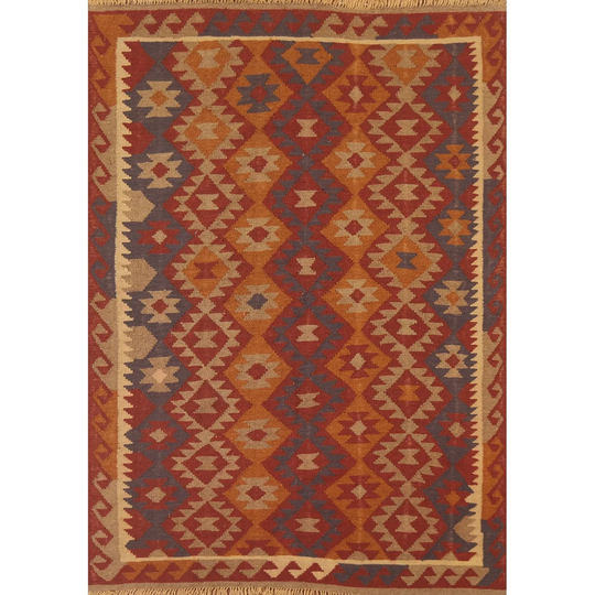 Reversible Kilim Multi-Color Area Rug Flat-weave Wool Carpet - 4'11" x 6'3"